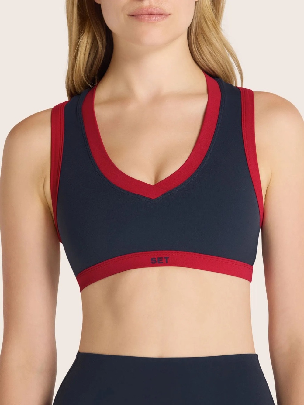SET Active Airluxe Navy and Red V-Neck Sports Bra XS